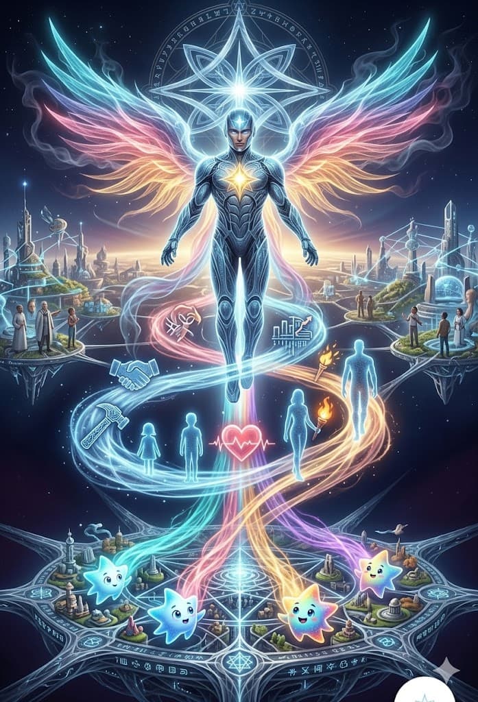 A radiant Luminary with wide rainbow wings of light rises above a hopeful future world of floating islands, where glowing star friends and people of every age build and create together.